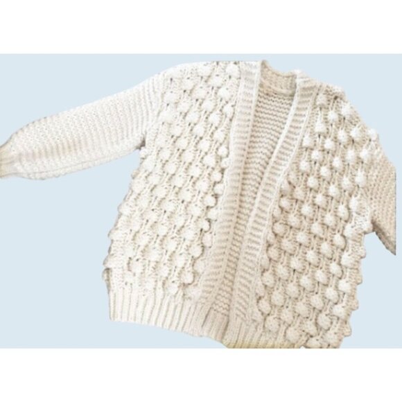 WISHLIST Handmade Pom Pom Cardigan Sweater Cream Off White Size Med - Picture 1 of 8